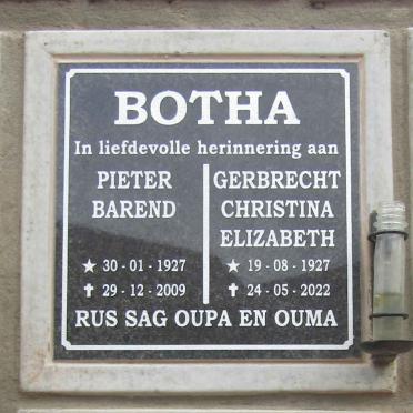 BOTHA Pieter Barend 1927-2009 & Gerbrecht Christina Elizabeth 1927-2022