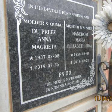 PREEZ Anna Magrieta, du 1937-2019 :: HANEKOM Maria Elizabeth 1956-2018