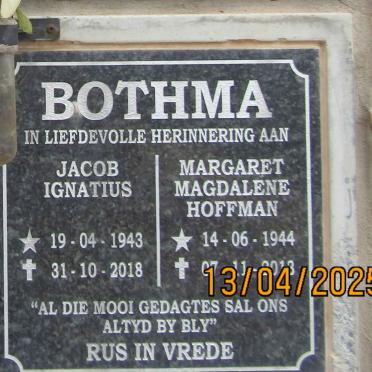 BOTHMA Jacob Ignatius 1943-2018 & Margaret Magdalene Hoffman 1944-2013