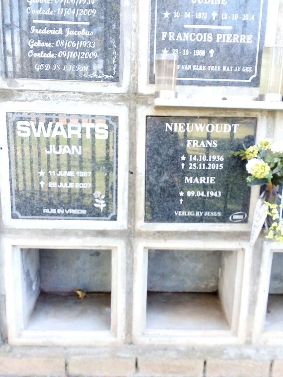 SWARTS Juan 1987-2007 :: NIEUWOUDT Frans 1936-2015 & Marie 1943-