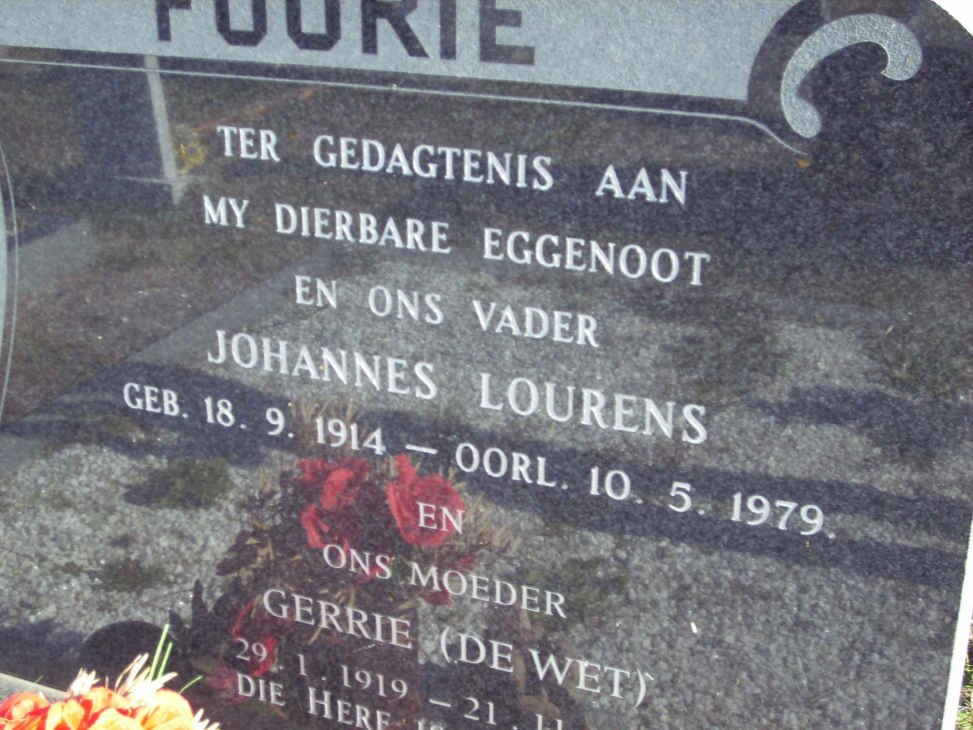 FOURIE Johannes Lourens 1914-1979 &amp; Gerrie DE WET 1919-1999
