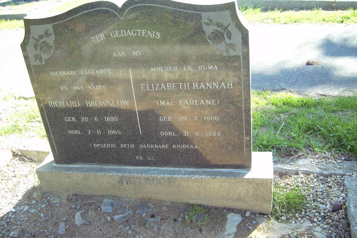 BROWNLOW Richard 1895-1965 &amp; Elizabeth Hannah Mac FARLANE 1900-1988