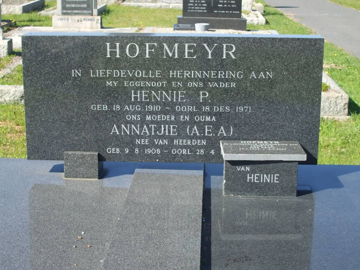 HOFMEYR Hennie P. 1910-1971 &amp; A.E.A. VAN HEERDEN 1908-19?? :: HOFMEYR Janette nee KRIEL 1945-2002