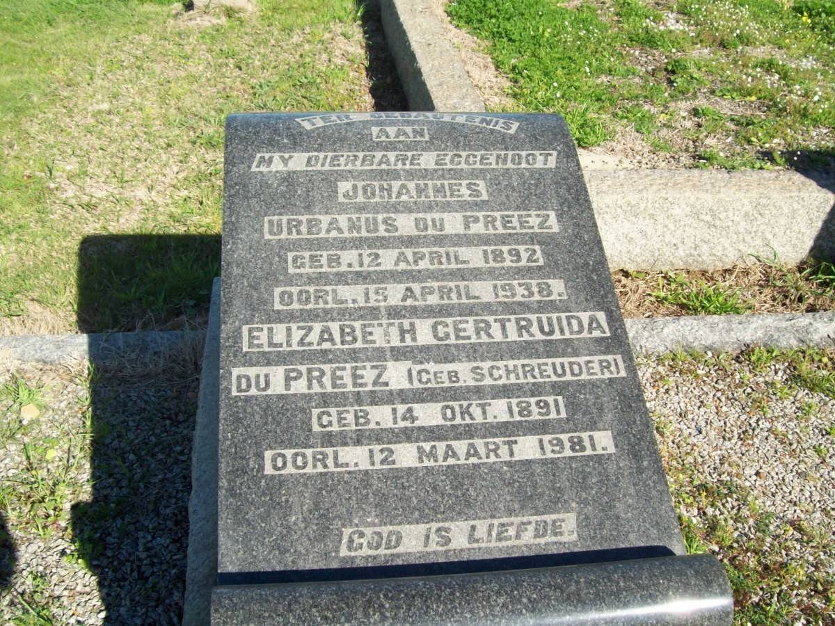 PREEZ Johannes Urbanus, du 1892-1938 &amp; Elizabeth Gertruida SCHREUDER 1891-1981