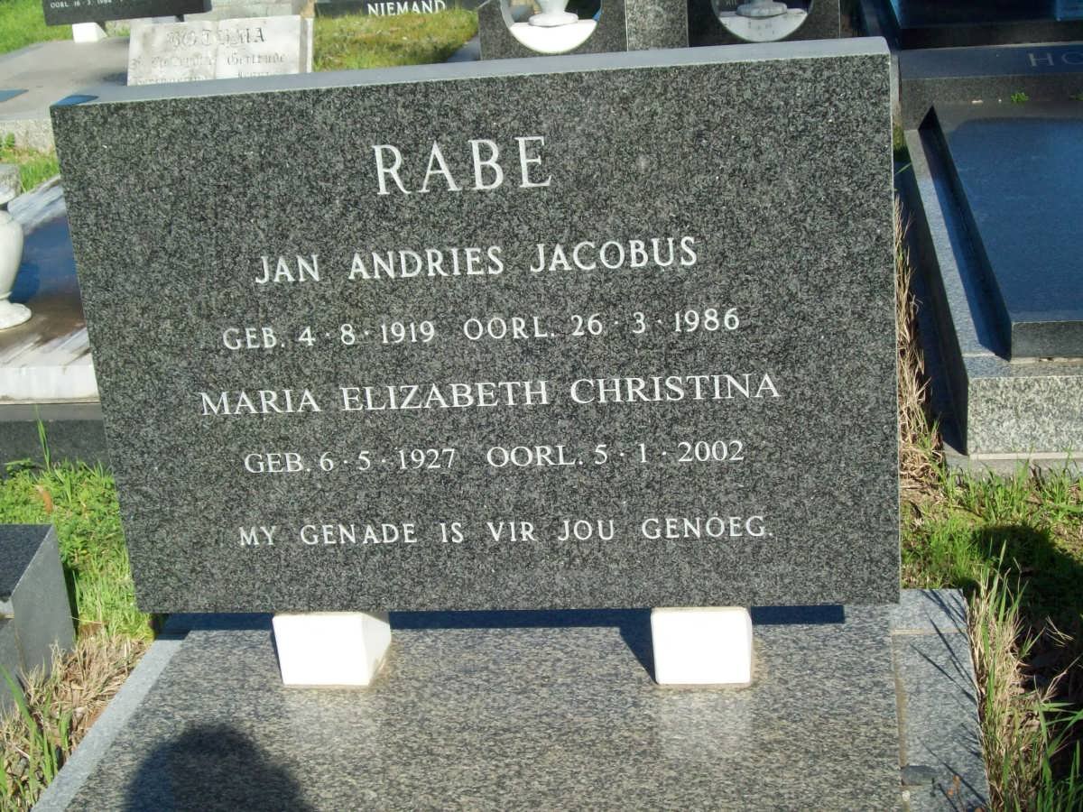 RABE Jan Andries Jacobus 1919-1986 &amp; Maria Elizabeth Christina 1927-2002
