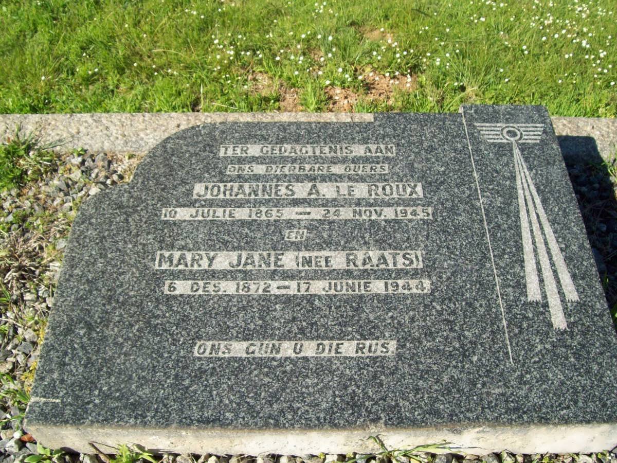 ROUX Johannes A., le 1865-1945 &amp; Mary Jane RAATS 1872-1944