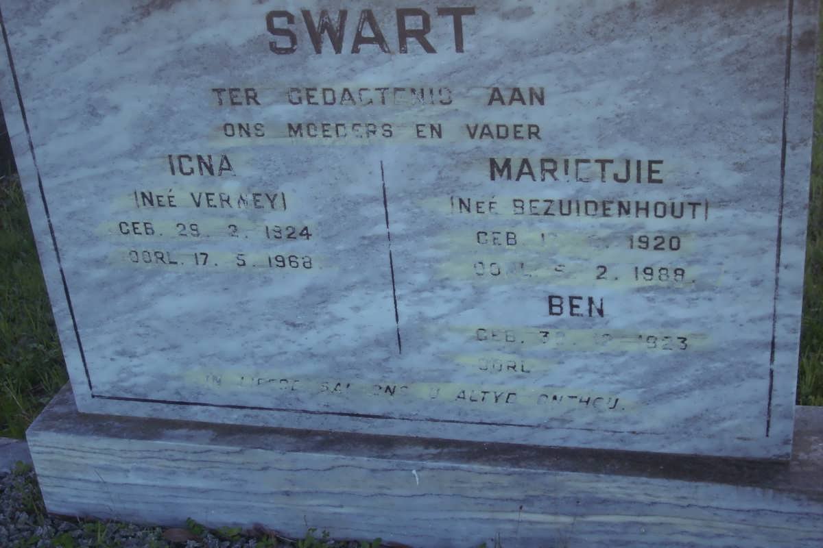 SWART Ben 1923- &amp; Icna VERWEY 1924-1968 :: SWART Marietjie BEZUIDENHOUT 1920-1988