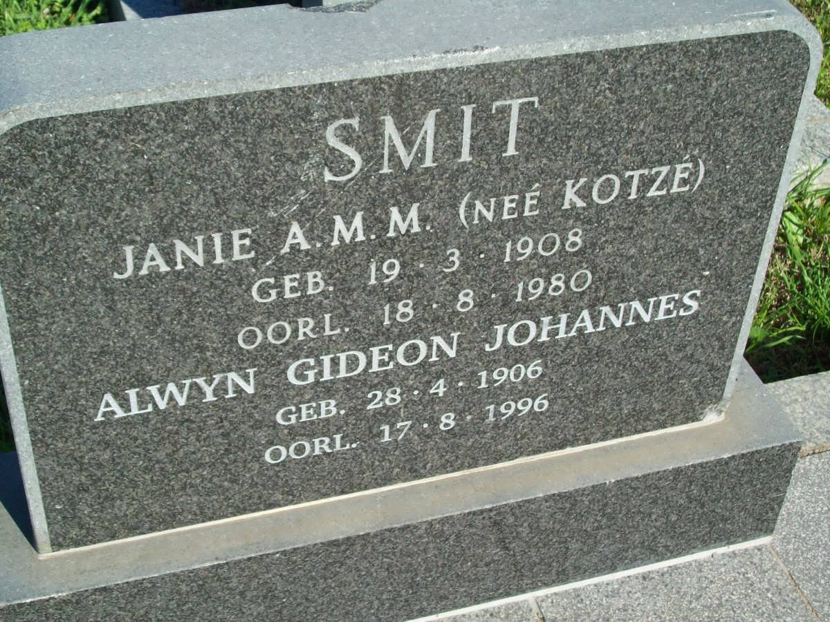 SMIT Alwyn Gideon Johannes 1906-1996 &amp; Janie A.M.M. KOTZé 1908-1980