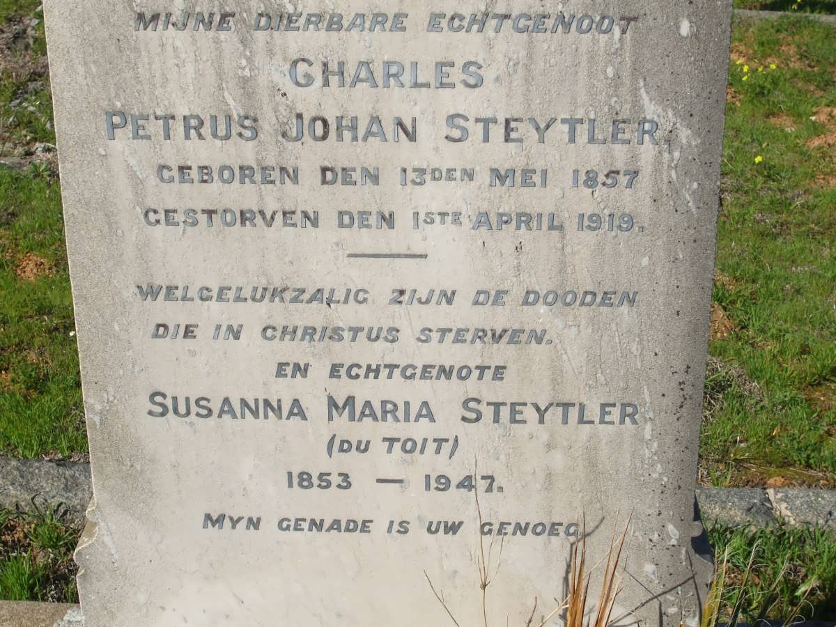 STEYTLER Charles Petrus Johan 1857-1919 &amp; Susanna Maria DU TOIT 1853-1947