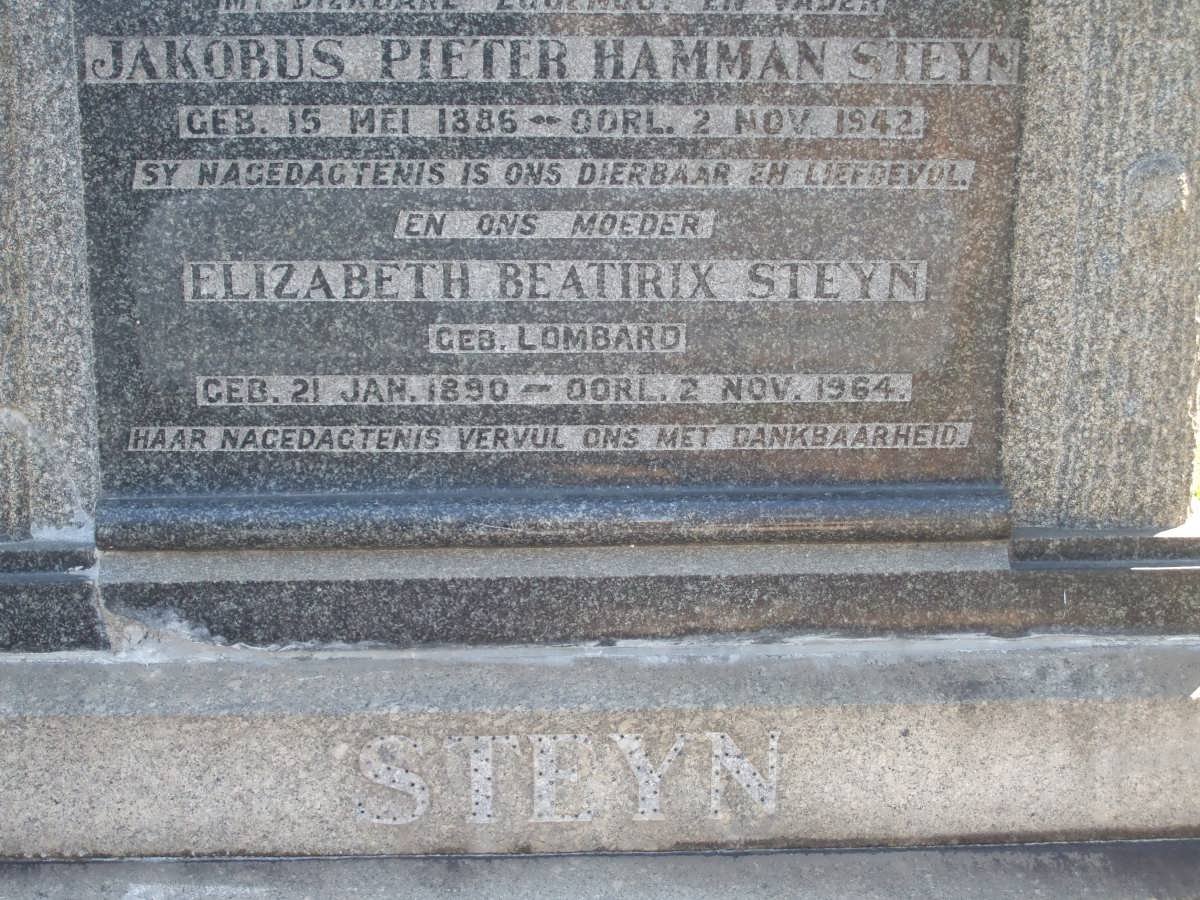 STEYN Jakobus Pieter Hamman 1885-1942 &amp; Elizabeth Beatrix LOMBARD 1890-1964