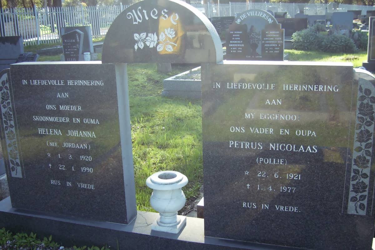 WIESE Petrus Nicloaas 1921-1977 &amp; Helena Johanna JORDAAN 1920-1990